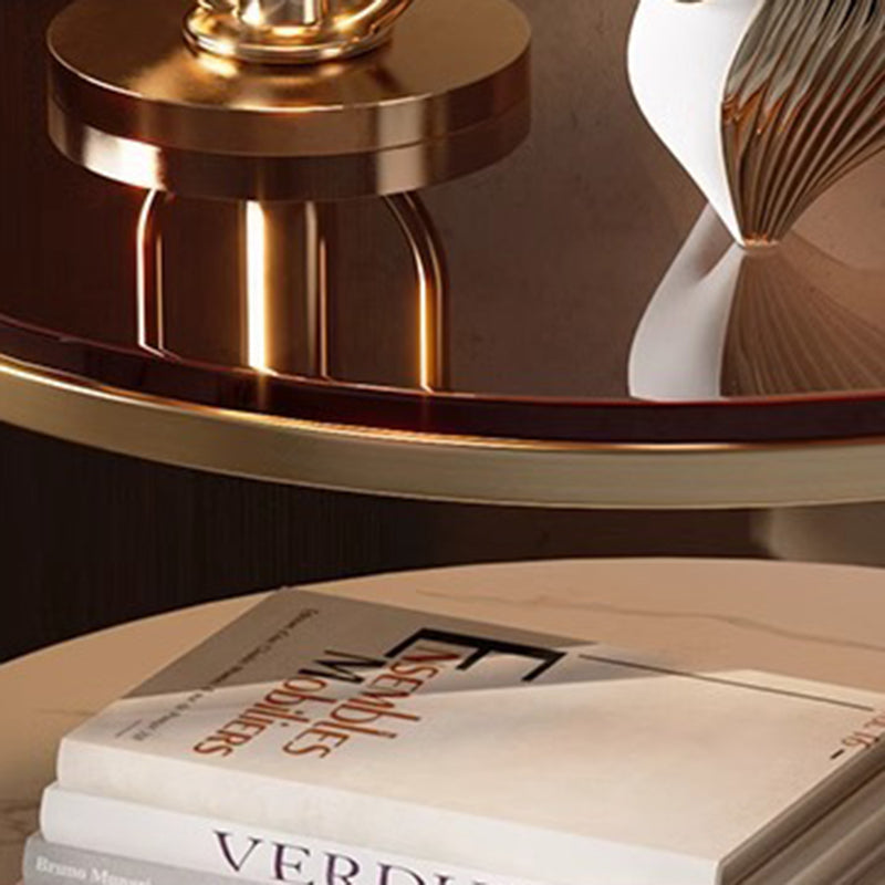 Modern Luxury Round Faux Saddle Leather Glass Solid Wood Nightstand 1-Drawer For Bedroom