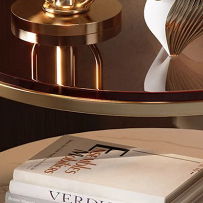 Modern Luxury Round Faux Saddle Leather Glass Solid Wood Nightstand 1-Drawer For Bedroom