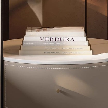 Modern Luxury Round Faux Saddle Leather Glass Solid Wood Nightstand 1-Drawer For Bedroom