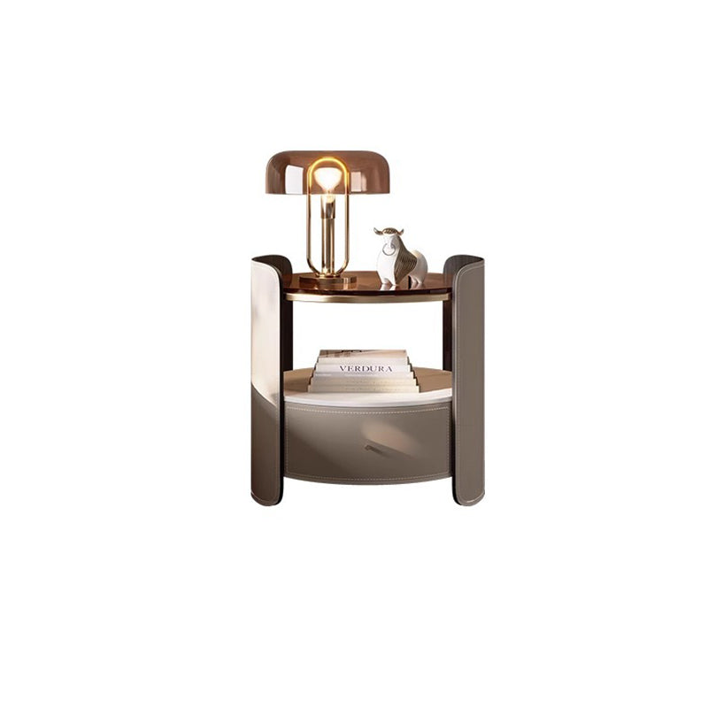 Modern Luxury Round Faux Saddle Leather Glass Solid Wood Nightstand 1-Drawer For Bedroom