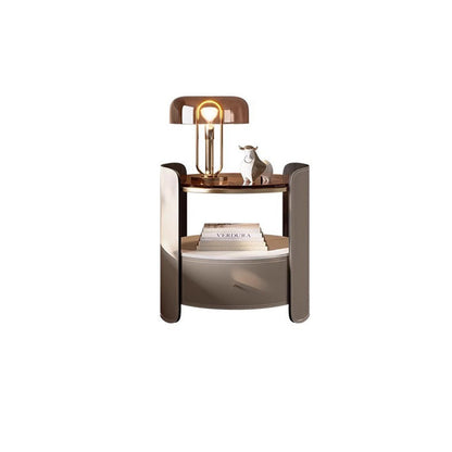 Modern Luxury Round Faux Saddle Leather Glass Solid Wood Nightstand 1-Drawer For Bedroom