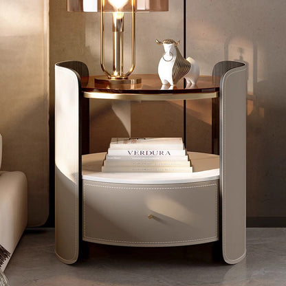 Modern Luxury Round Faux Saddle Leather Glass Solid Wood Nightstand 1-Drawer For Bedroom