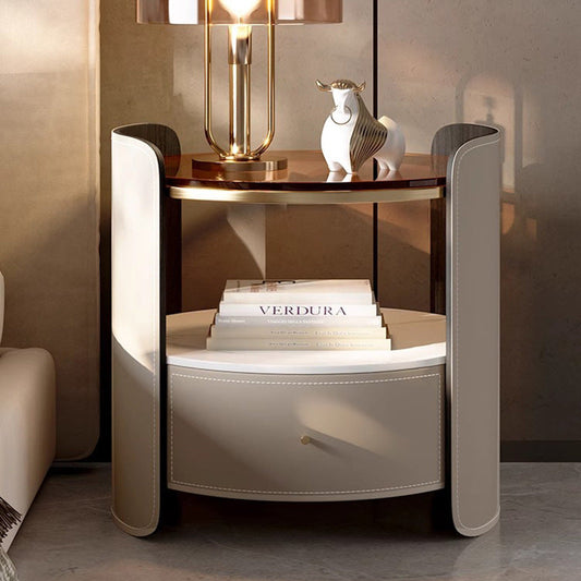 Modern Luxury Round Faux Saddle Leather Glass Solid Wood Nightstand 1-Drawer For Bedroom