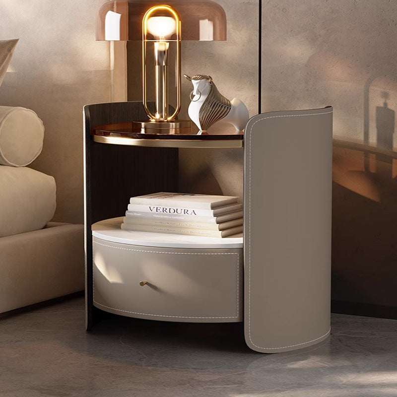 Modern Luxury Round Faux Saddle Leather Glass Solid Wood Nightstand 1-Drawer For Bedroom
