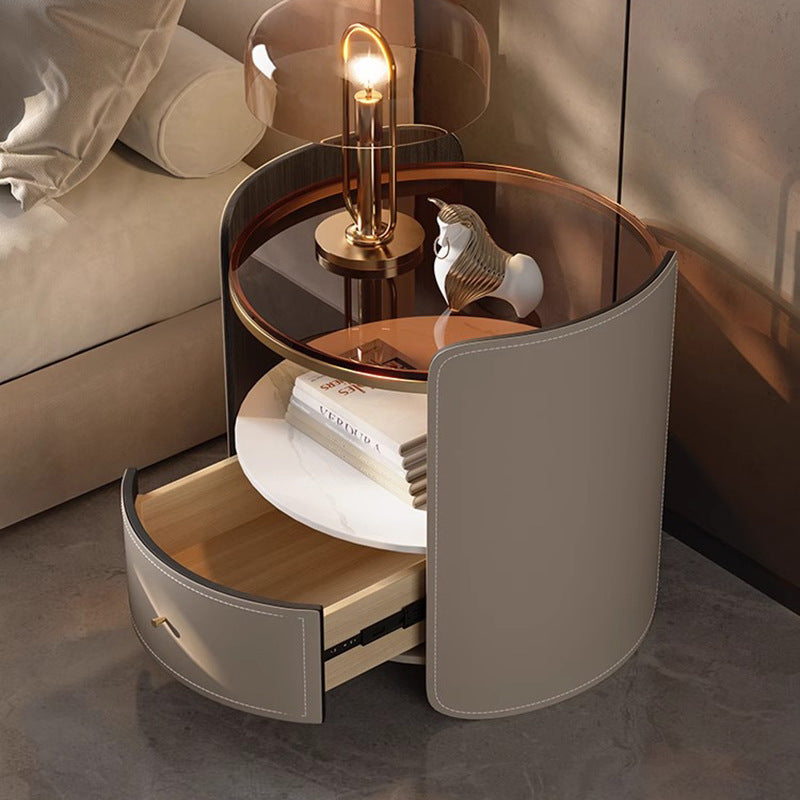 Modern Luxury Round Faux Saddle Leather Glass Solid Wood Nightstand 1-Drawer For Bedroom