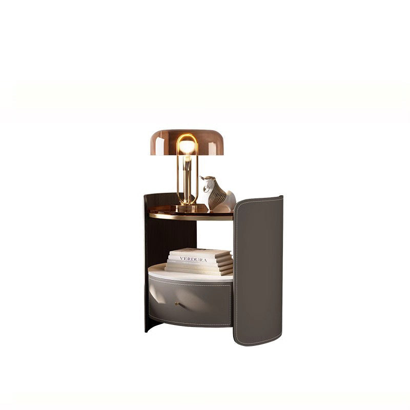 Modern Luxury Round Faux Saddle Leather Glass Solid Wood Nightstand 1-Drawer For Bedroom