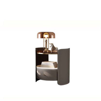 Modern Luxury Round Faux Saddle Leather Glass Solid Wood Nightstand 1-Drawer For Bedroom