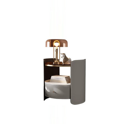 Modern Luxury Round Faux Saddle Leather Glass Solid Wood Nightstand 1-Drawer For Bedroom