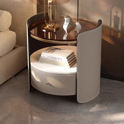 Modern Luxury Round Faux Saddle Leather Glass Solid Wood Nightstand 1-Drawer For Bedroom