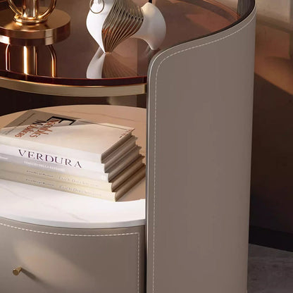 Modern Luxury Round Faux Saddle Leather Glass Solid Wood Nightstand 1-Drawer For Bedroom