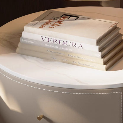 Modern Luxury Round Faux Saddle Leather Glass Solid Wood Nightstand 1-Drawer For Bedroom