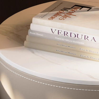 Modern Luxury Round Faux Saddle Leather Glass Solid Wood Nightstand 1-Drawer For Bedroom