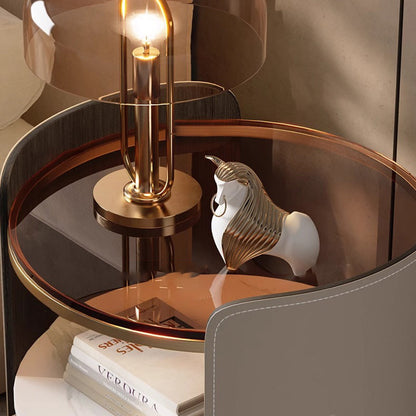 Modern Luxury Round Faux Saddle Leather Glass Solid Wood Nightstand 1-Drawer For Bedroom