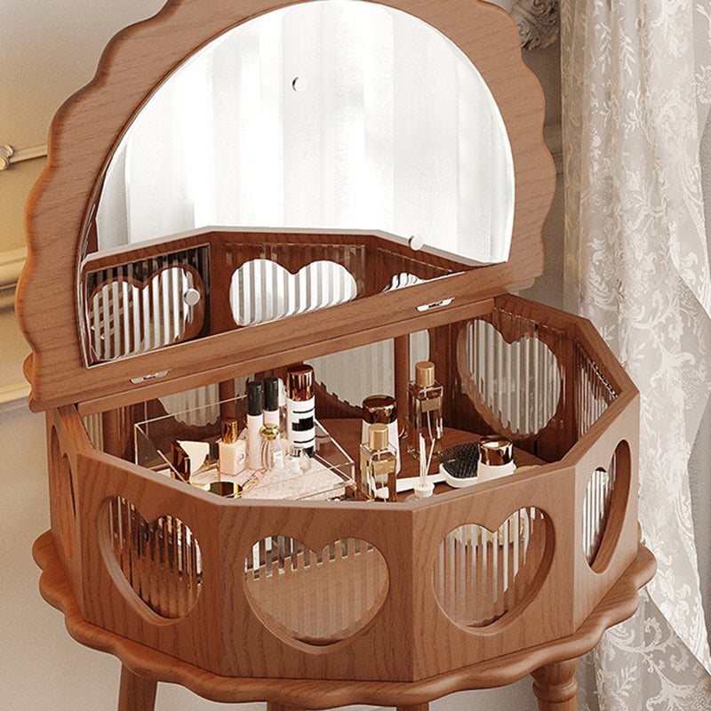 Traditional Vintage Flower Round Solid Wood Glass Makeup Vanity 1-Storage For Bedroom