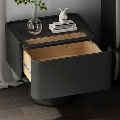 Modern Luxury Cone Base Glass Solid Wood Microfiber Leather Nightstand 1-Drawer For Bedroom