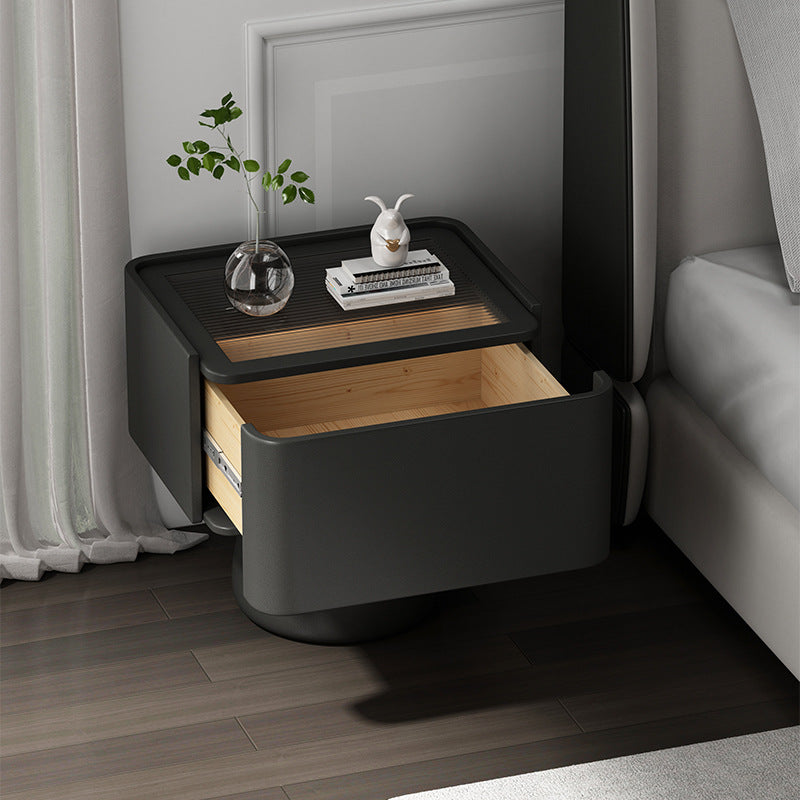 Modern Luxury Cone Base Glass Solid Wood Microfiber Leather Nightstand 1-Drawer For Bedroom