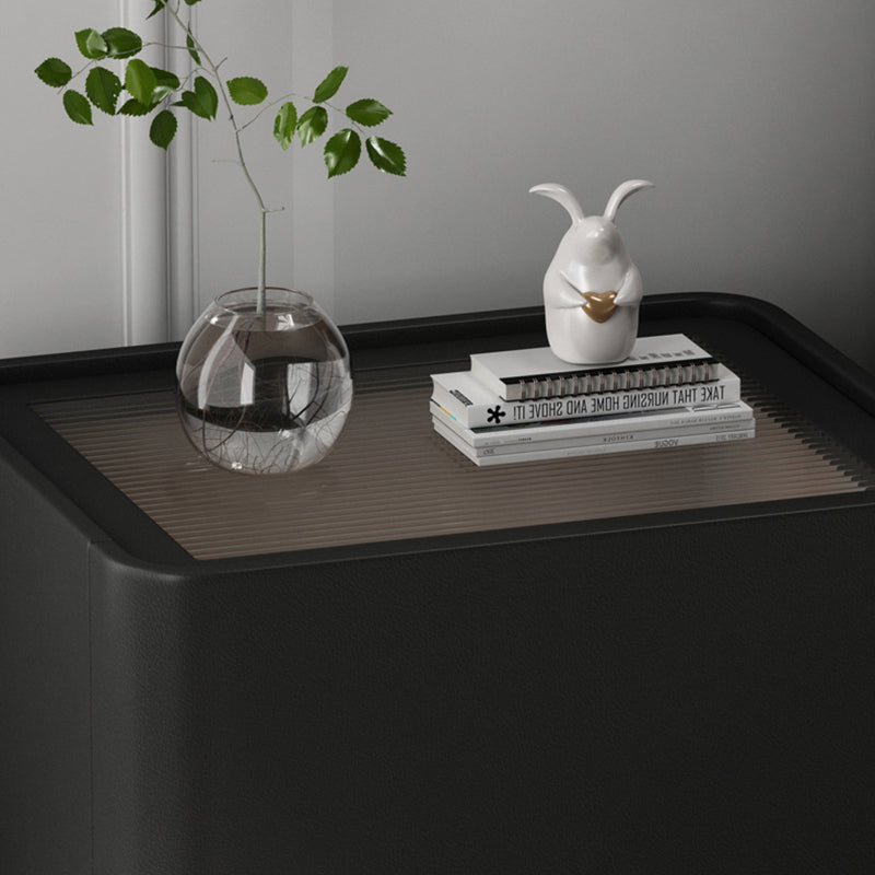 Modern Luxury Cone Base Glass Solid Wood Microfiber Leather Nightstand 1-Drawer For Bedroom