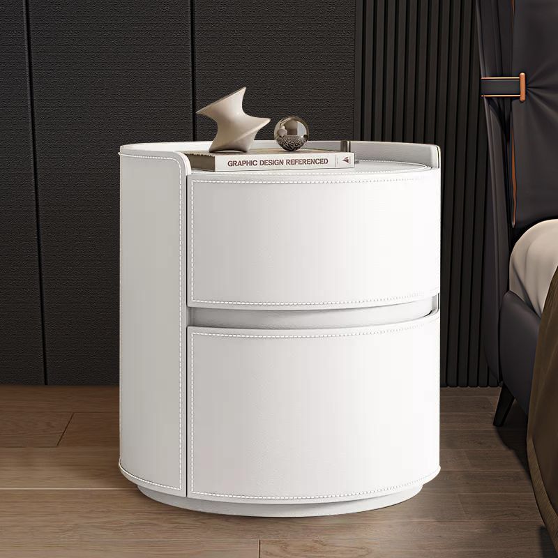 Modern Luxury Round Faux Saddle Leather Nightstand 2-Drawer For Bedroom