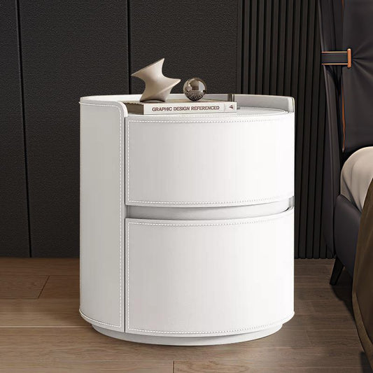 Modern Luxury Round Faux Saddle Leather Nightstand 2-Drawer For Bedroom
