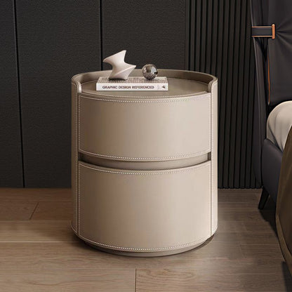 Modern Luxury Round Faux Saddle Leather Nightstand 2-Drawer For Bedroom