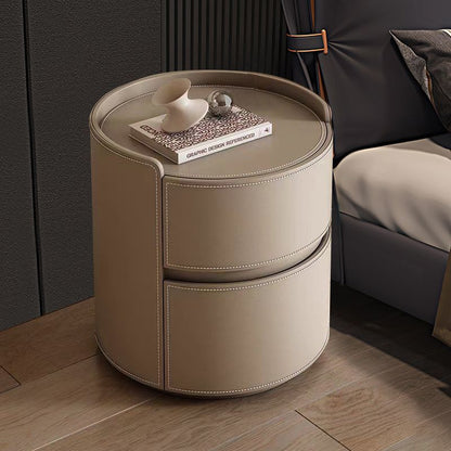 Modern Luxury Round Faux Saddle Leather Nightstand 2-Drawer For Bedroom