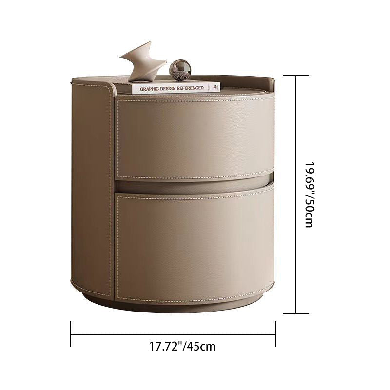 Modern Luxury Round Faux Saddle Leather Nightstand 2-Drawer For Bedroom
