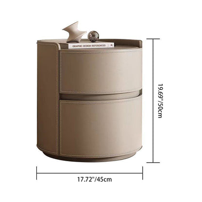 Modern Luxury Round Faux Saddle Leather Nightstand 2-Drawer For Bedroom