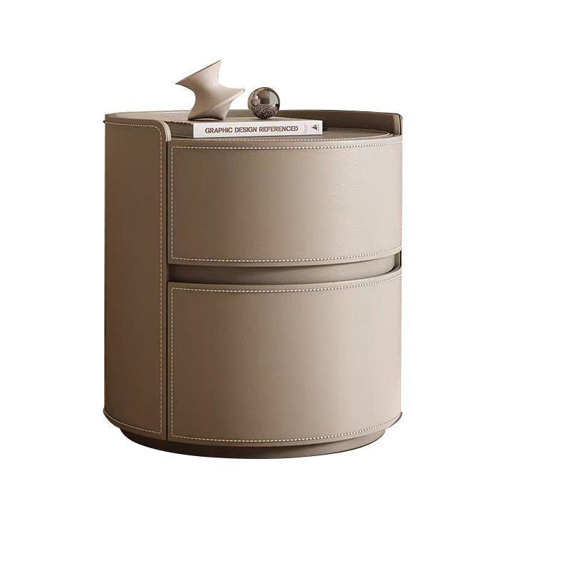 Modern Luxury Round Faux Saddle Leather Nightstand 2-Drawer For Bedroom