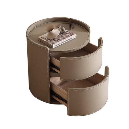 Modern Luxury Round Faux Saddle Leather Nightstand 2-Drawer For Bedroom
