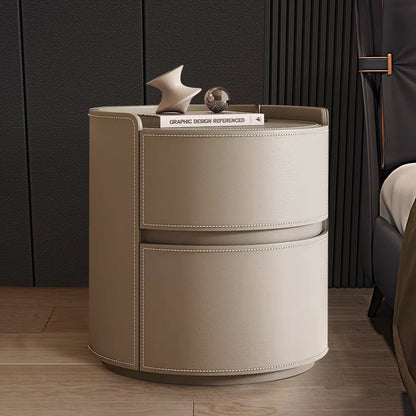Modern Luxury Round Faux Saddle Leather Nightstand 2-Drawer For Bedroom