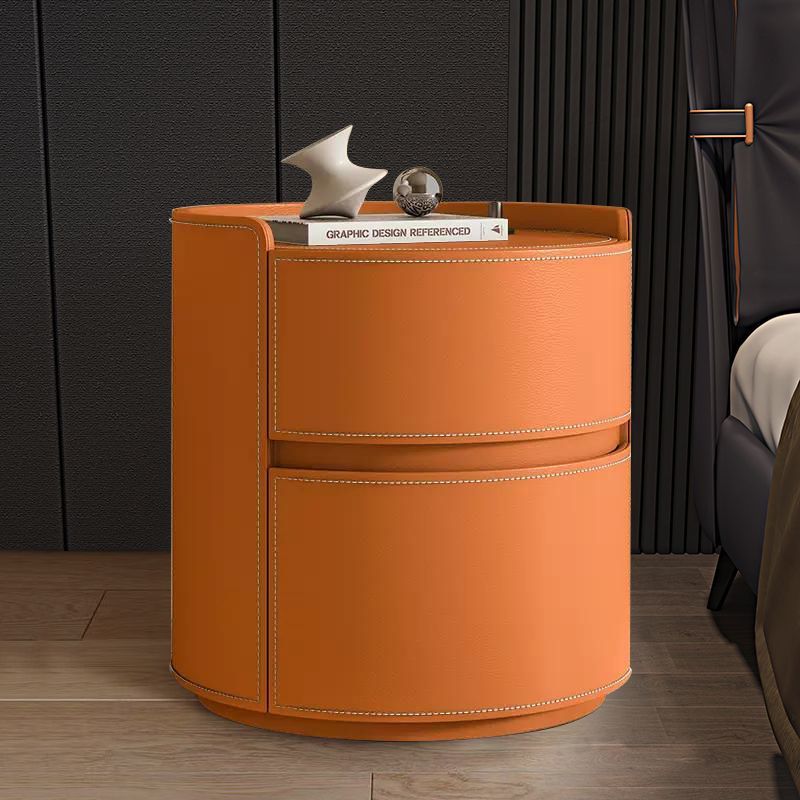 Modern Luxury Round Faux Saddle Leather Nightstand 2-Drawer For Bedroom