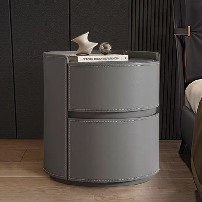Modern Luxury Round Faux Saddle Leather Nightstand 2-Drawer For Bedroom