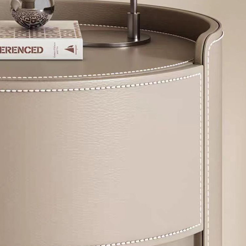 Modern Luxury Round Faux Saddle Leather Nightstand 2-Drawer For Bedroom