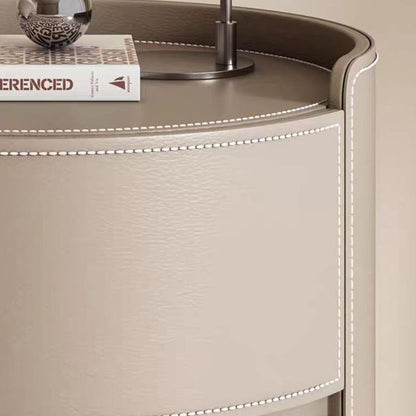 Modern Luxury Round Faux Saddle Leather Nightstand 2-Drawer For Bedroom
