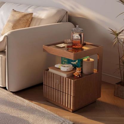 Traditional Luxury Square Solid Wood Glass Nightstand 2-Drawer For Bedroom