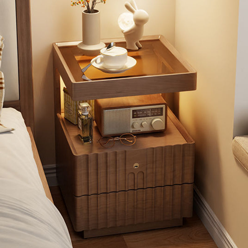 Traditional Luxury Square Solid Wood Glass Nightstand 2-Drawer For Bedroom