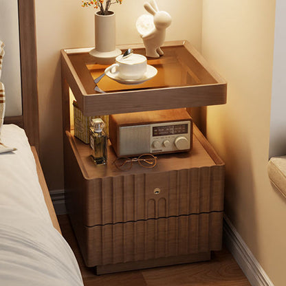 Traditional Luxury Square Solid Wood Glass Nightstand 2-Drawer For Bedroom