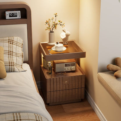 Traditional Luxury Square Solid Wood Glass Nightstand 2-Drawer For Bedroom