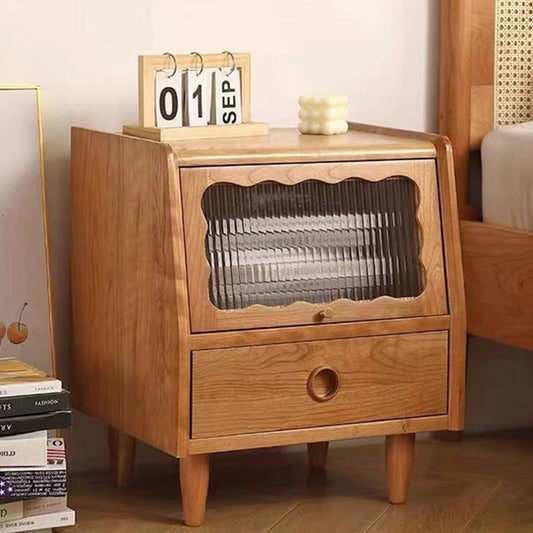Traditional Japanese Rectangular Solid Wood Glass Nightstand 1-Drawer For Bedroom