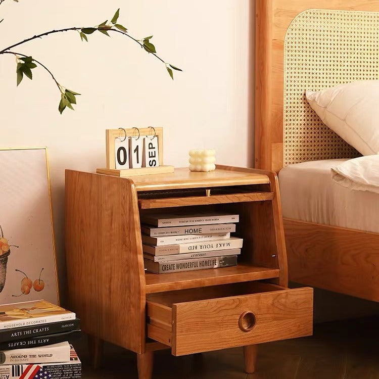 Traditional Japanese Rectangular Solid Wood Glass Nightstand 1-Drawer For Bedroom