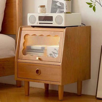 Traditional Japanese Rectangular Solid Wood Glass Nightstand 1-Drawer For Bedroom