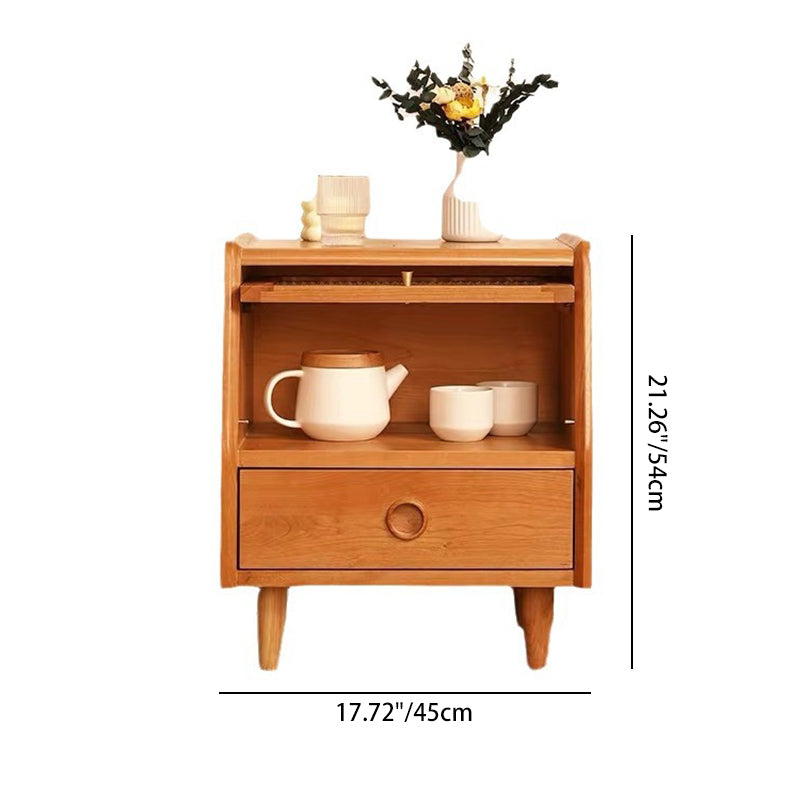 Traditional Japanese Rectangular Solid Wood Glass Nightstand 1-Drawer For Bedroom