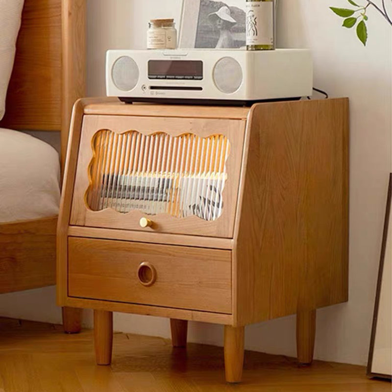 Traditional Japanese Rectangular Solid Wood Glass Nightstand 1-Drawer For Bedroom