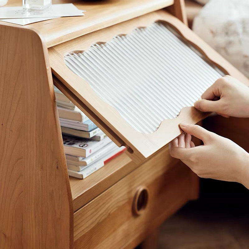 Traditional Japanese Rectangular Solid Wood Glass Nightstand 1-Drawer For Bedroom