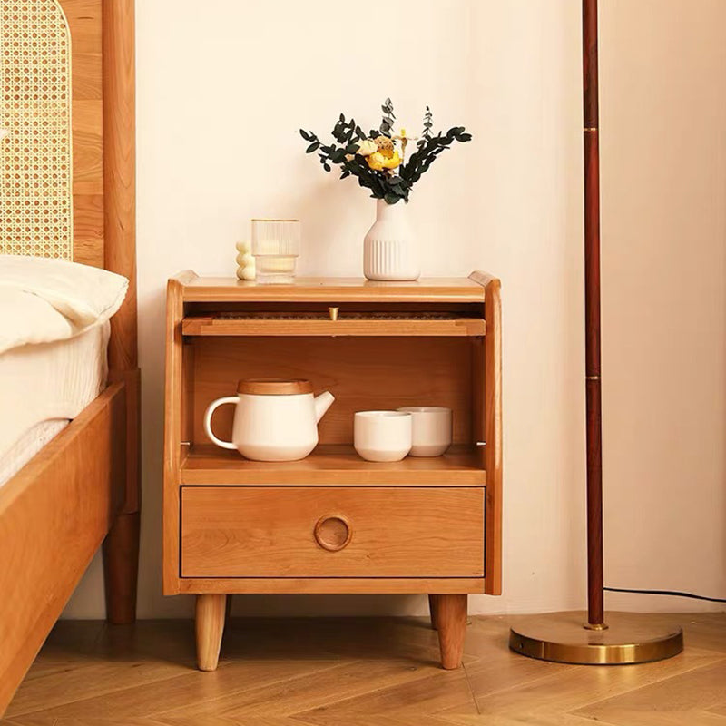 Traditional Japanese Rectangular Solid Wood Glass Nightstand 1-Drawer For Bedroom