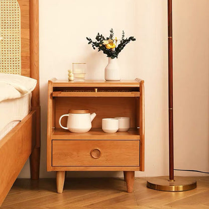 Traditional Japanese Rectangular Solid Wood Glass Nightstand 1-Drawer For Bedroom