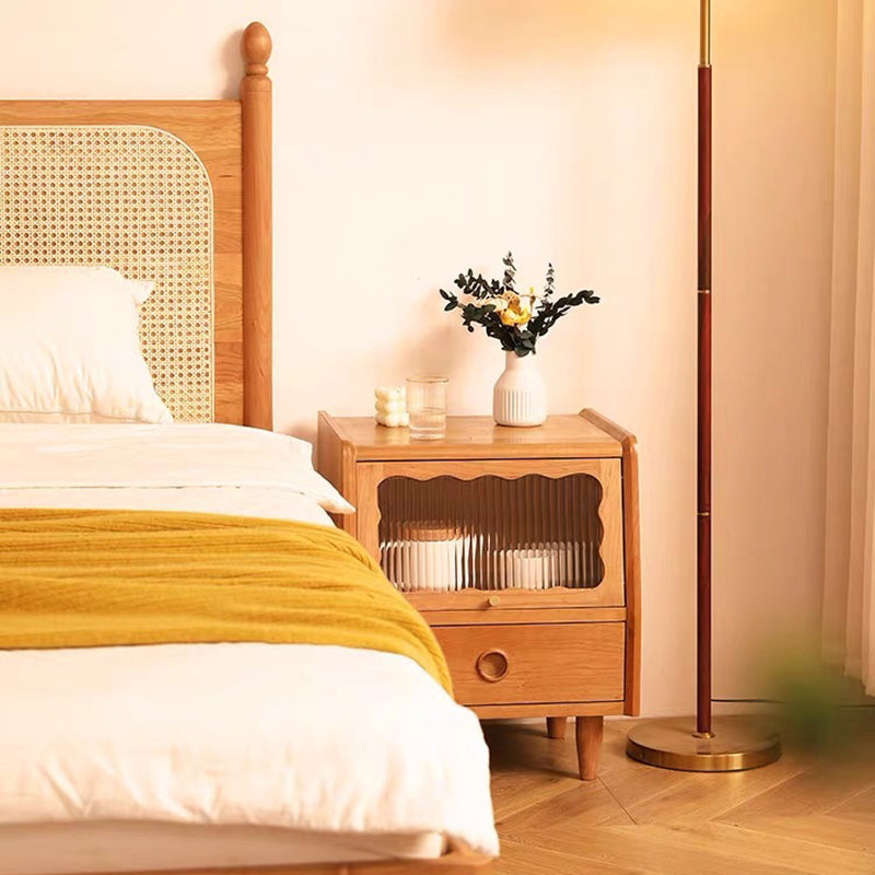 Traditional Japanese Rectangular Solid Wood Glass Nightstand 1-Drawer For Bedroom