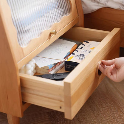 Traditional Japanese Rectangular Solid Wood Glass Nightstand 1-Drawer For Bedroom