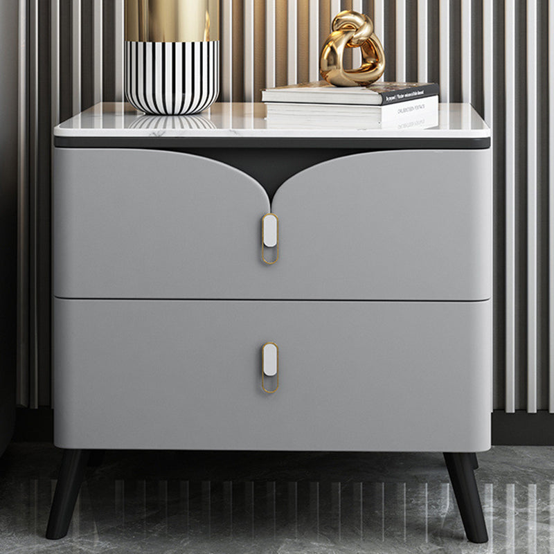 Contemporary Scandinavian Rectangular Slate Solid Wood Carbon Steel Nightstand 2-Drawer For Bedroom