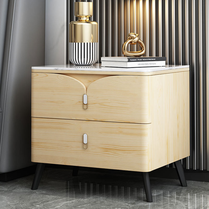 Contemporary Scandinavian Rectangular Slate Solid Wood Carbon Steel Nightstand 2-Drawer For Bedroom